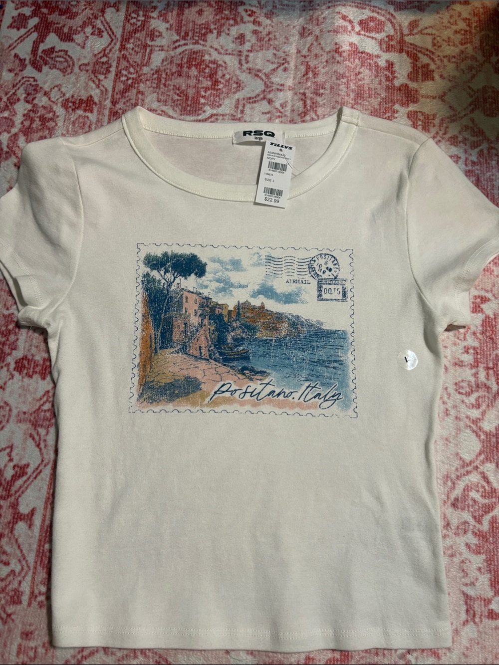 RSQ White Short-Sleeve Tee with Blue & Tan Positano Stamp Graphic